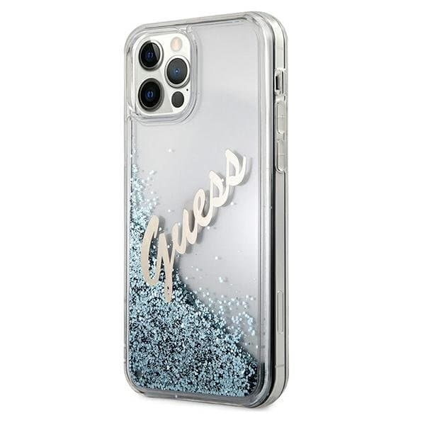 Guess iPhone 12 Pro Max Skal Glitter Vintage Script - Blå