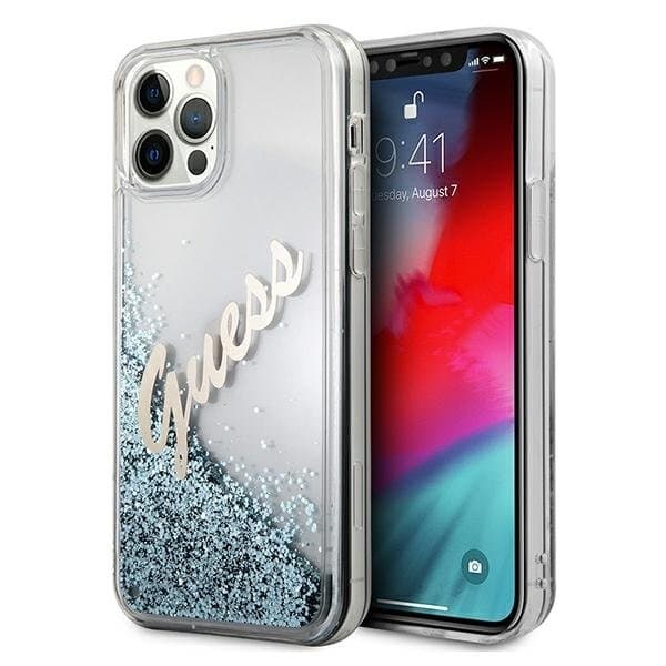 Guess iPhone 12 Pro Max Skal Glitter Vintage Script - Blå