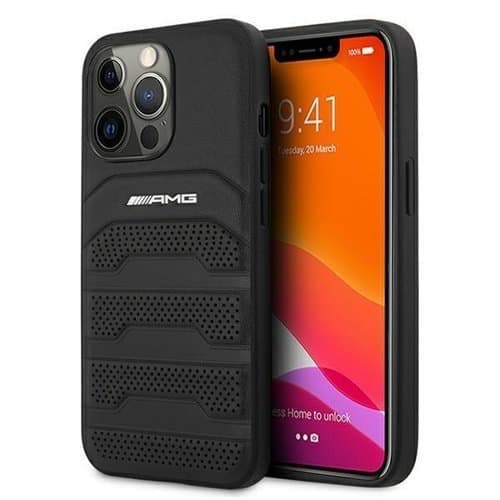 AMG Äkta Läder Debossed Lines Skal iPhone 13 Pro / 13 - Svart