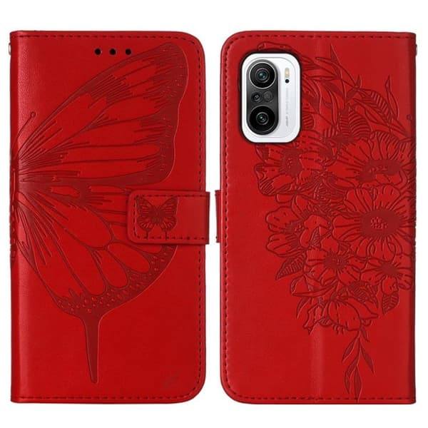 Butterfly Flower Imprinted Plånboksfodral Xiaomi 12 Pro - Röd