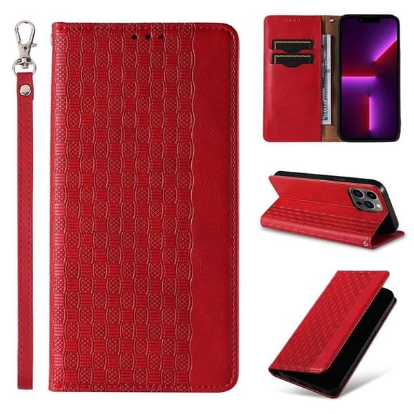 iPhone 13 Pro Max Plånboksfodral Magnet Strap - Röd