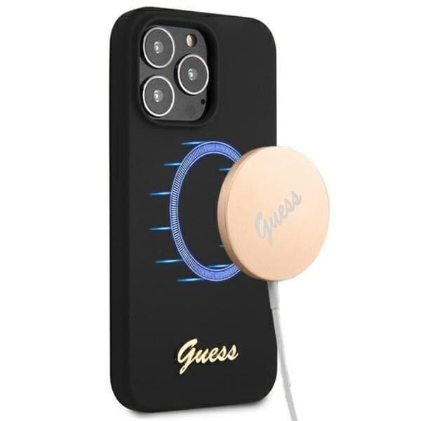 Guess iPhone 13 Pro Max Skal Magsafe Silicone Script Guld Logo - Svart