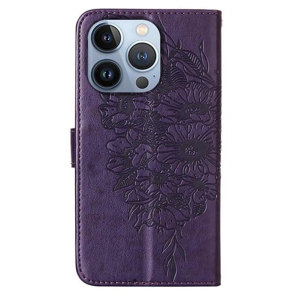 iPhone 14 Pro Plånboksfodral Butterfly Flower Imprinted - Lila