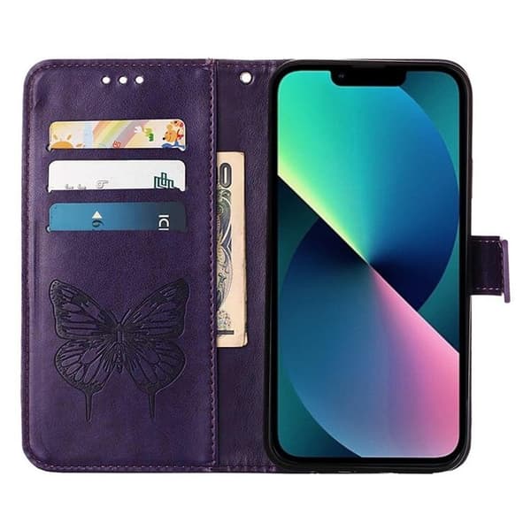 iPhone 14 Pro Plånboksfodral Butterfly Flower Imprinted - Lila