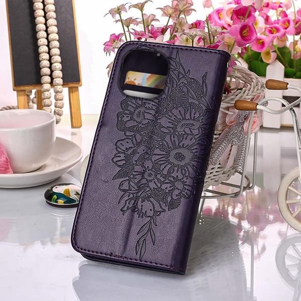 iPhone 14 Pro Plånboksfodral Butterfly Flower Imprinted - Lila