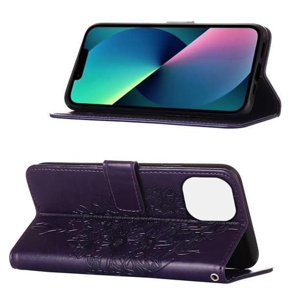 iPhone 14 Pro Plånboksfodral Butterfly Flower Imprinted - Lila