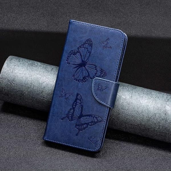 iPhone 14 Pro Max Plånboksfodral Butterflies Imprinted - Mörkblå