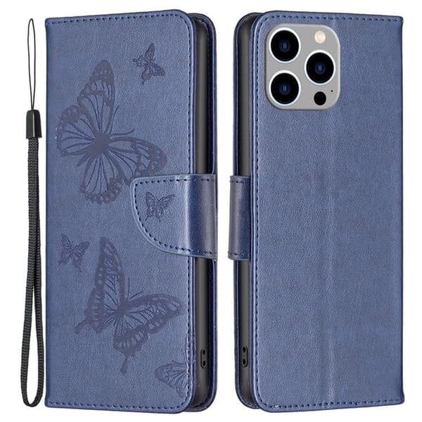 iPhone 14 Pro Max Plånboksfodral Butterflies Imprinted - Mörkblå