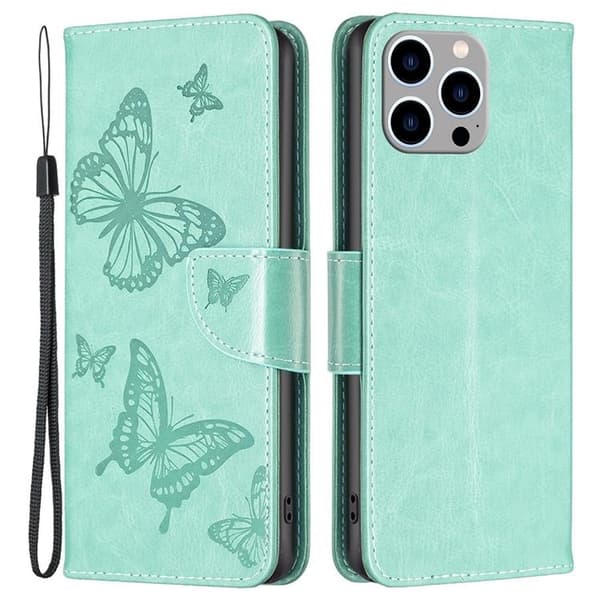iPhone 14 Pro Plånboksfodral Butterflies Imprinted - Turkos