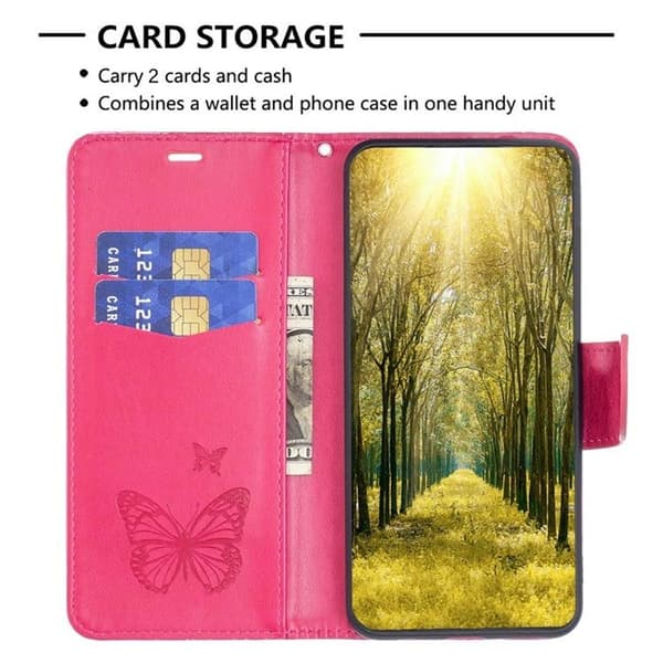 iPhone 14 Pro Max Plånboksfodral Butterflies Imprinted - Magenta