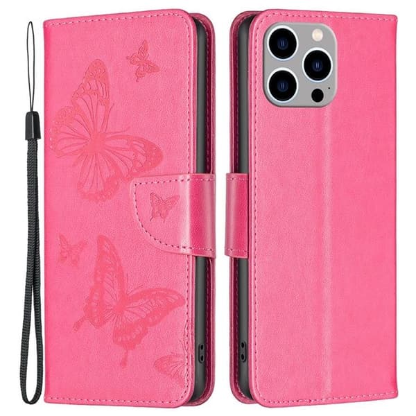 iPhone 14 Pro Max Plånboksfodral Butterflies Imprinted - Magenta