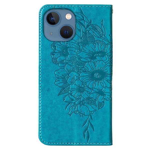 iPhone 14 Plus Plånboksfodral Butterfly Flower Imprinted - Blå