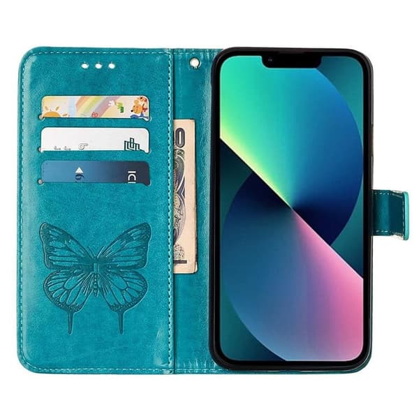 iPhone 14 Plus Plånboksfodral Butterfly Flower Imprinted - Blå