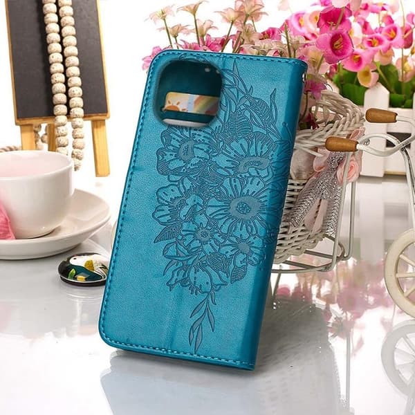 iPhone 14 Plus Plånboksfodral Butterfly Flower Imprinted - Blå