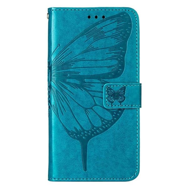 iPhone 14 Plus Plånboksfodral Butterfly Flower Imprinted - Blå