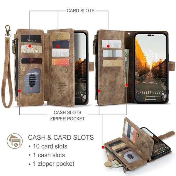 CASEME iPhone 14 Pro Max Plånboksfodral C30 Zipper - Brun