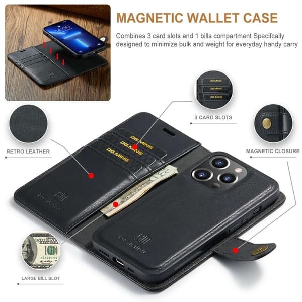DG.MING iPhone 14 Pro Max Plånboksfodral Split Detachable Flip - Svart