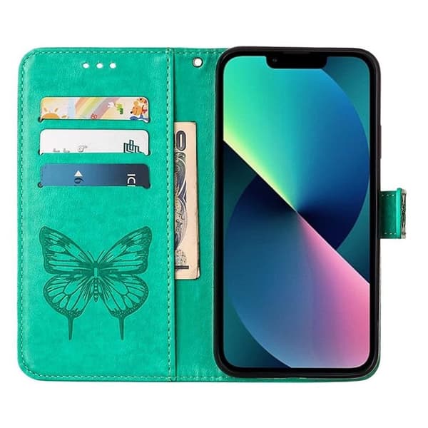 iPhone 14 Pro Plånboksfodral Butterfly Flower Imprinted - Grön