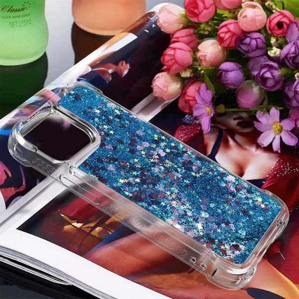 iPhone 14 Pro Skal Liquid Floating Glitter - Blå