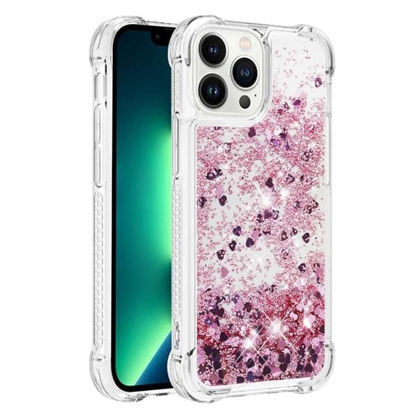 iPhone 14 Pro Max Skal Liquid Floating Glitter - Rosa Guld