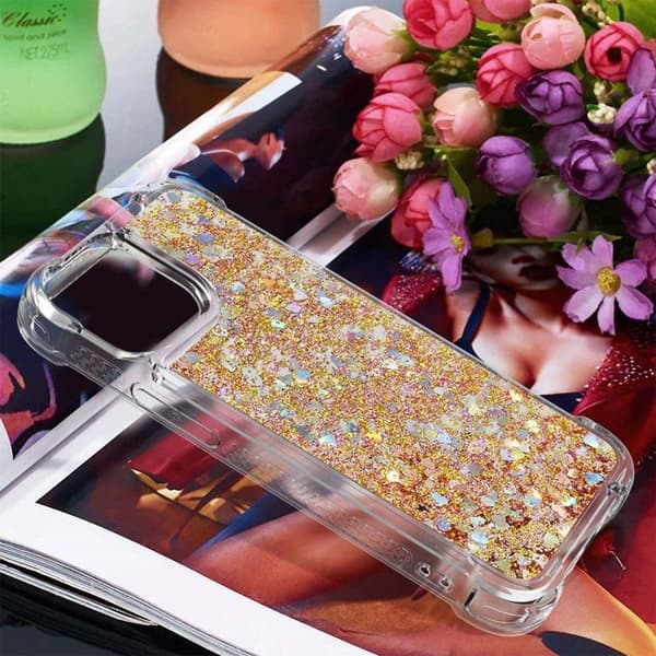 iPhone 14 Pro Max Skal Liquid Floating Glitter - Guld