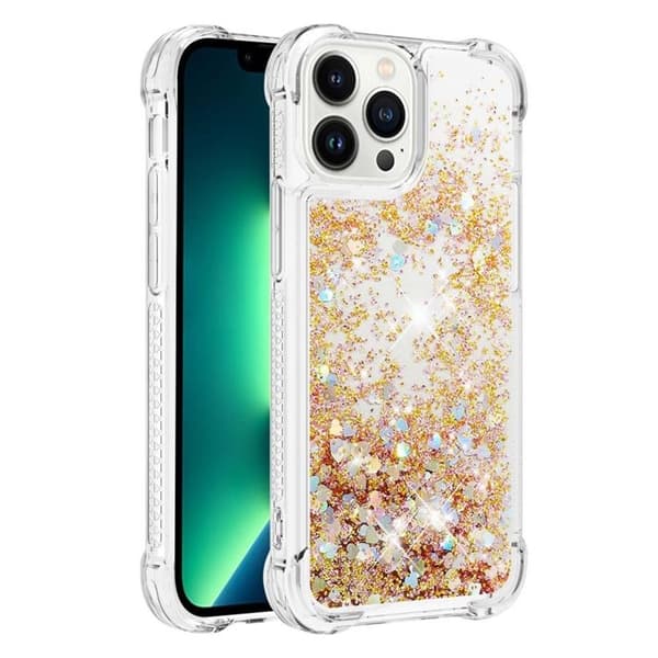 iPhone 14 Pro Max Skal Liquid Floating Glitter - Guld