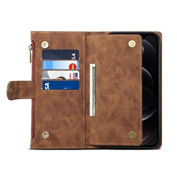 iPhone 14 Pro Plånboksfodral Flap Zipper Strap - Brun