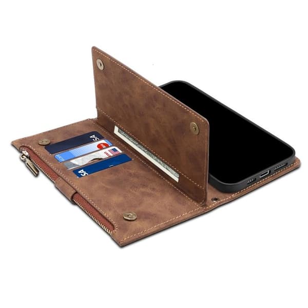 iPhone 14 Plånboksfodral Flap Zipper Strap - Brun