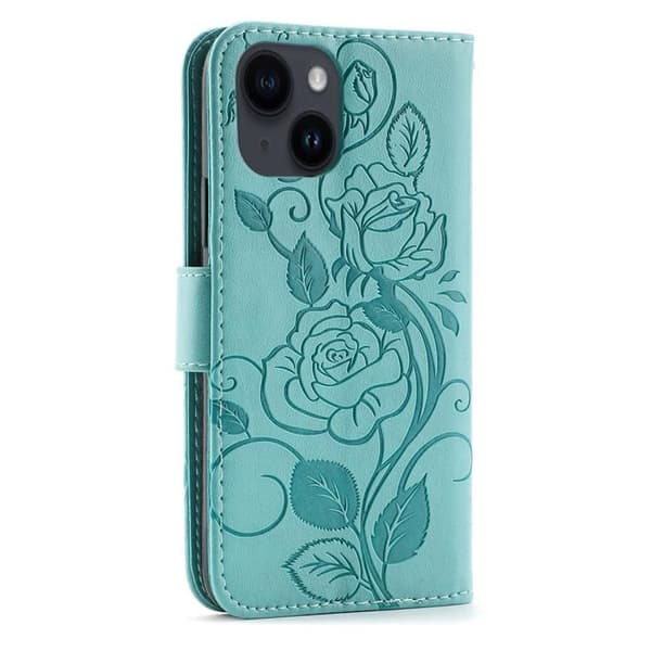 iPhone 14 Plus Plånboksfodral Imprinted Roses - Turkos