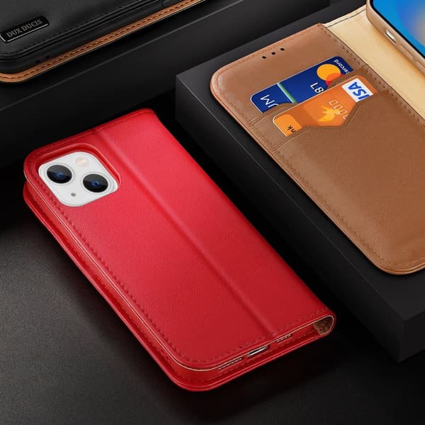 Dux Ducis iPhone 14 Plus Plånboksfodral Äkta Läder Hivo Flip - Röd