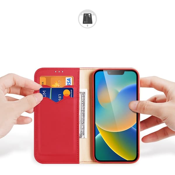 Dux Ducis iPhone 14 Plus Plånboksfodral Äkta Läder Hivo Flip - Röd
