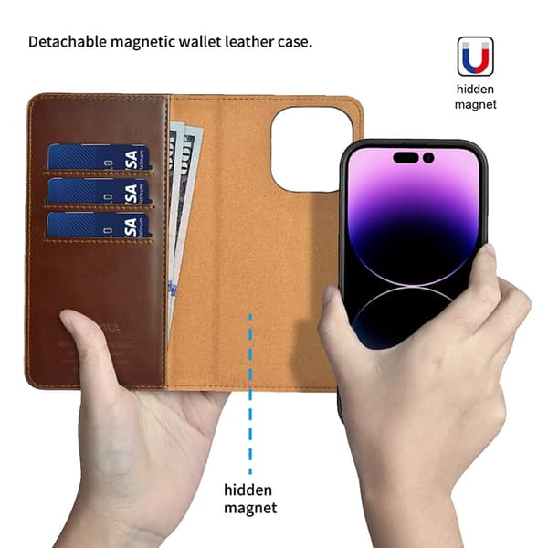 Puloka iPhone 14 Pro Max Plånboksfodral Magsafe 2in1 Detachable - Brun