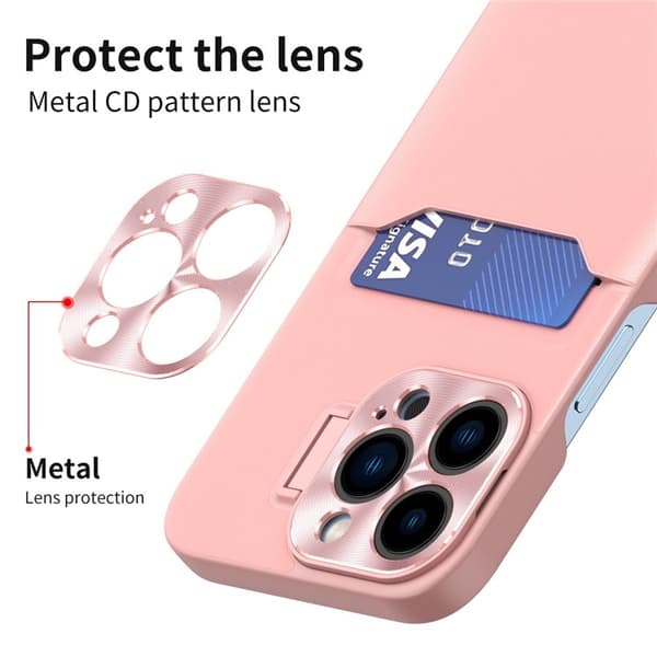 iPhone 14 Pro Skal Korthållare Linsram Kickstand - Rosa