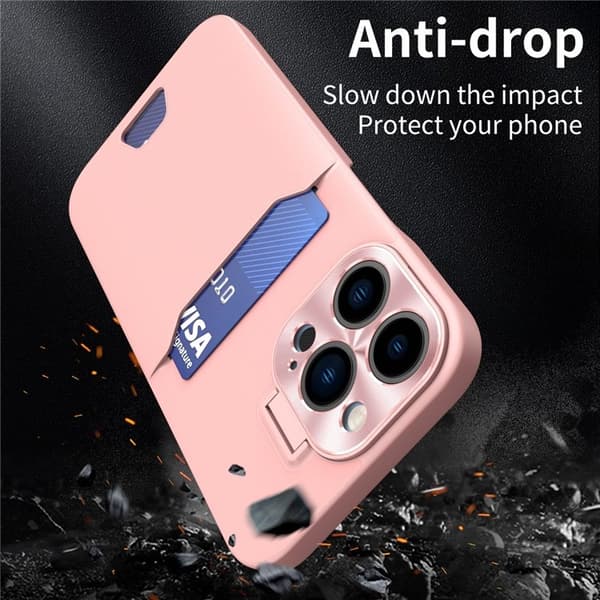 iPhone 14 Pro Max Skal Korthållare Linsram Kickstand - Rosa