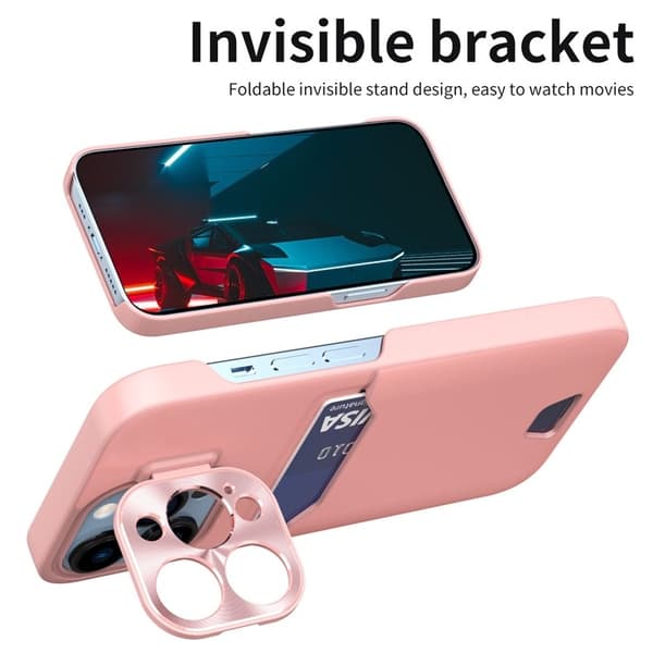 iPhone 14 Pro Max Skal Korthållare Linsram Kickstand - Rosa