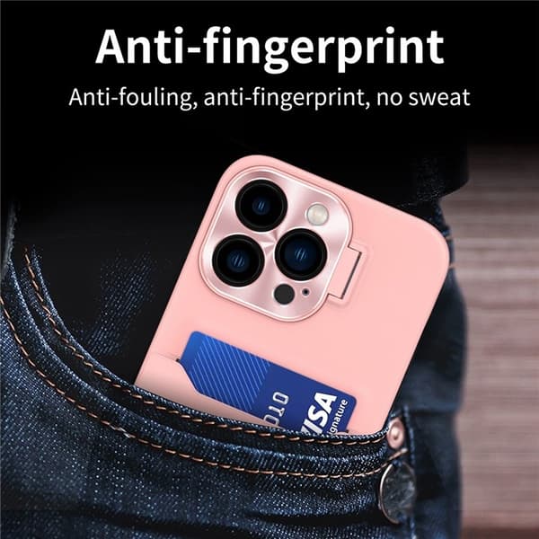 iPhone 14 Pro Max Skal Korthållare Linsram Kickstand - Rosa