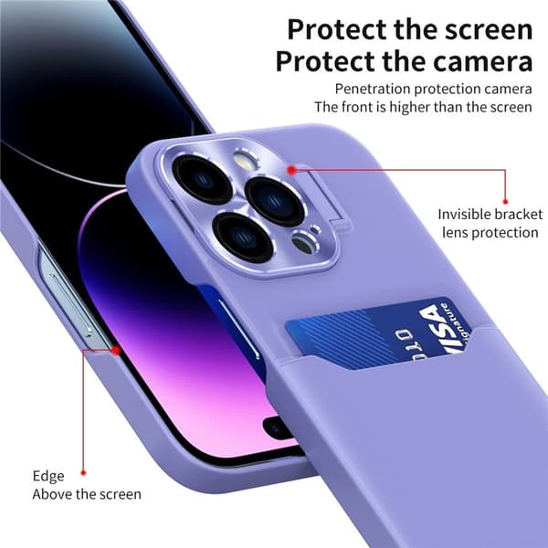 iPhone 14 Pro Max Skal Korthållare Linsram Kickstand - Lila