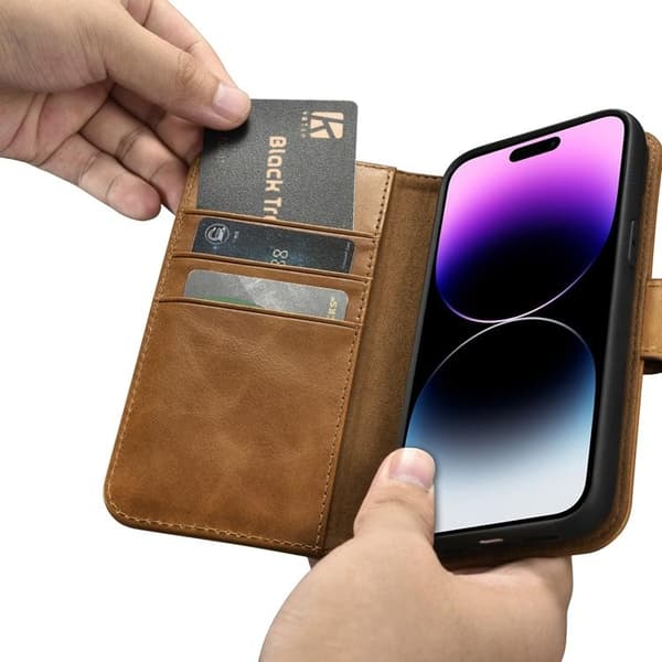 iCarer iPhone 14 Pro Max Plånboksfodral Äkta Läder 2in1 Anti-RFID - Brun