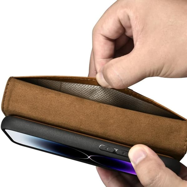 iCarer iPhone 14 Pro Max Plånboksfodral Äkta Läder 2in1 Anti-RFID - Brun