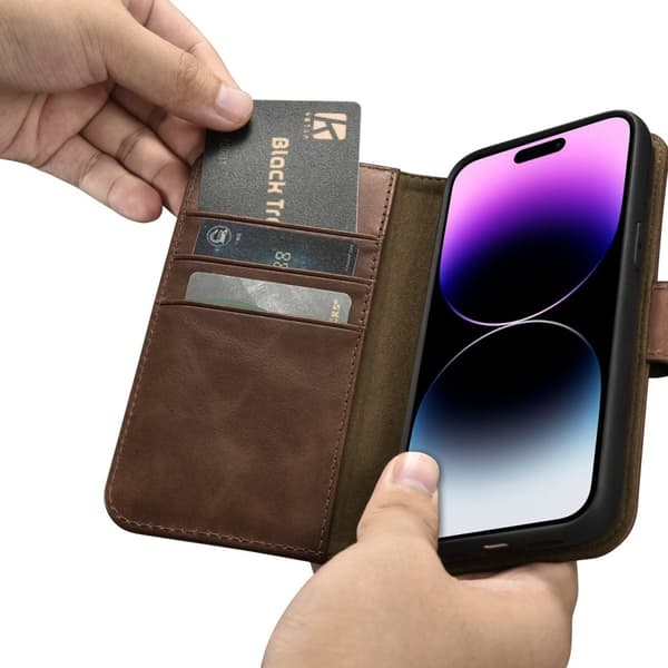 iCarer iPhone 14 Pro Max Plånboksfodral Äkta Läder 2in1 Anti-RFID - Brun