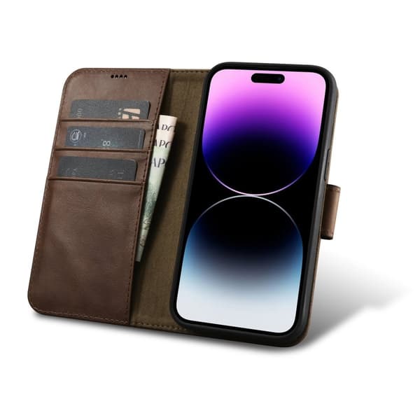 iCarer iPhone 14 Pro Max Plånboksfodral Äkta Läder 2in1 Anti-RFID - Brun