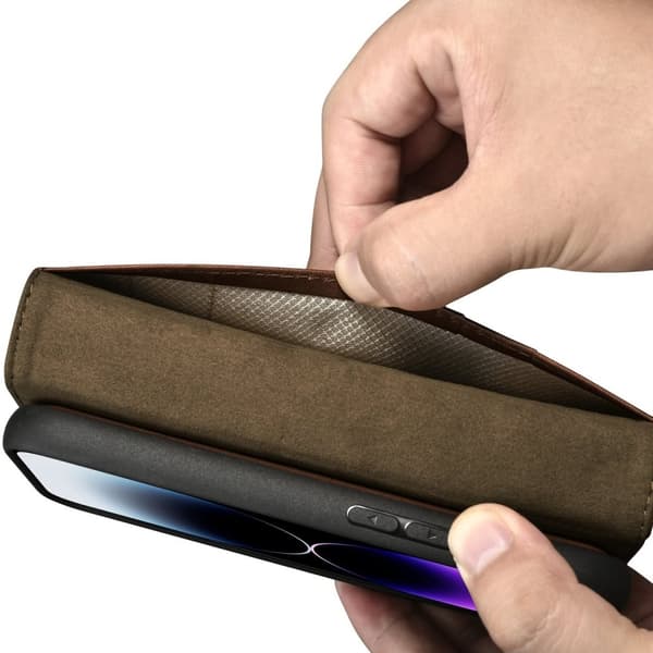 iCarer iPhone 14 Pro Max Plånboksfodral Äkta Läder 2in1 Anti-RFID - Brun
