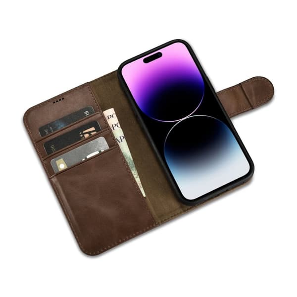 iCarer iPhone 14 Pro Max Plånboksfodral Äkta Läder 2in1 Anti-RFID - Brun