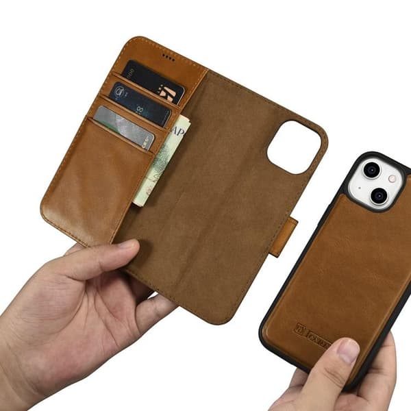 iCarer iPhone 14 Plånboksfodral 2in1 Äkta Läder Anti-RFID - Brun