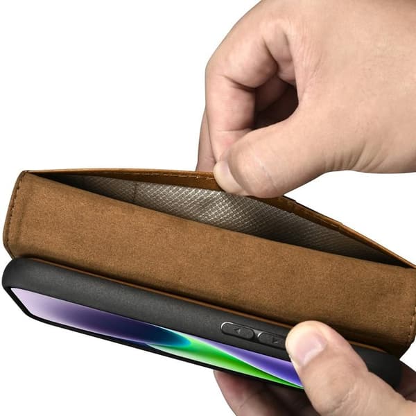 iCarer iPhone 14 Plånboksfodral 2in1 Äkta Läder Anti-RFID - Brun