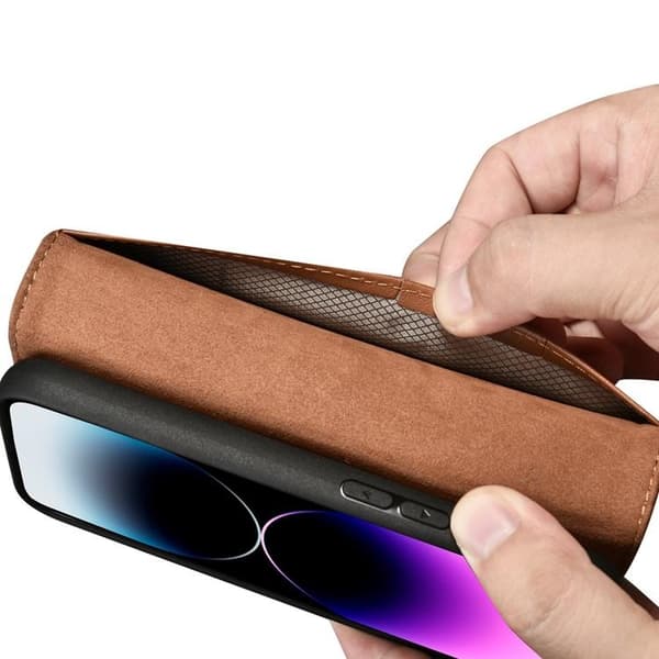 iCarer iPhone 14 Pro Max Plånboksfodral 2in1 Anti-RFID Äkta Läder - Brun