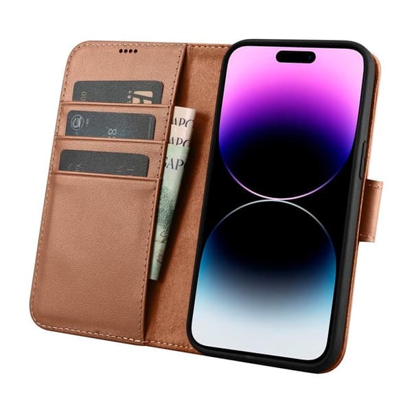 iCarer iPhone 14 Pro Max Plånboksfodral 2in1 Anti-RFID Äkta Läder - Brun