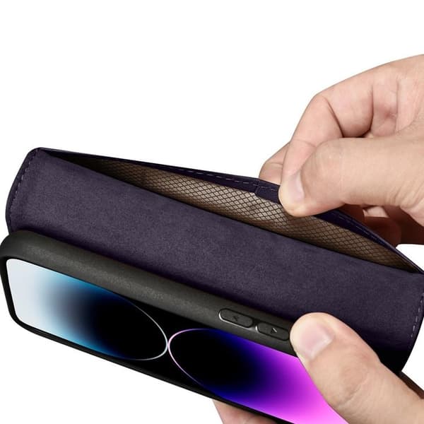 iCarer iPhone 14 Pro Max Plånboksfodral 2in1 Anti-RFID Äkta Läder - Mörklila