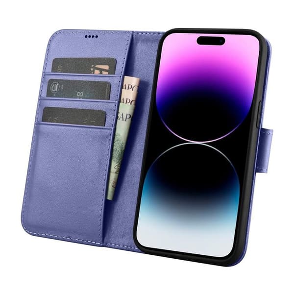 iCarer iPhone 14 Pro Max Plånboksfodral 2in1 Anti-RFID Äkta Läder - Ljuslila