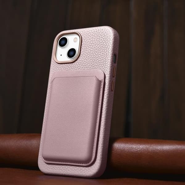 iCarer iPhone 14 Skal Magsafe Äkta Läder Litchi Premium - Rosa